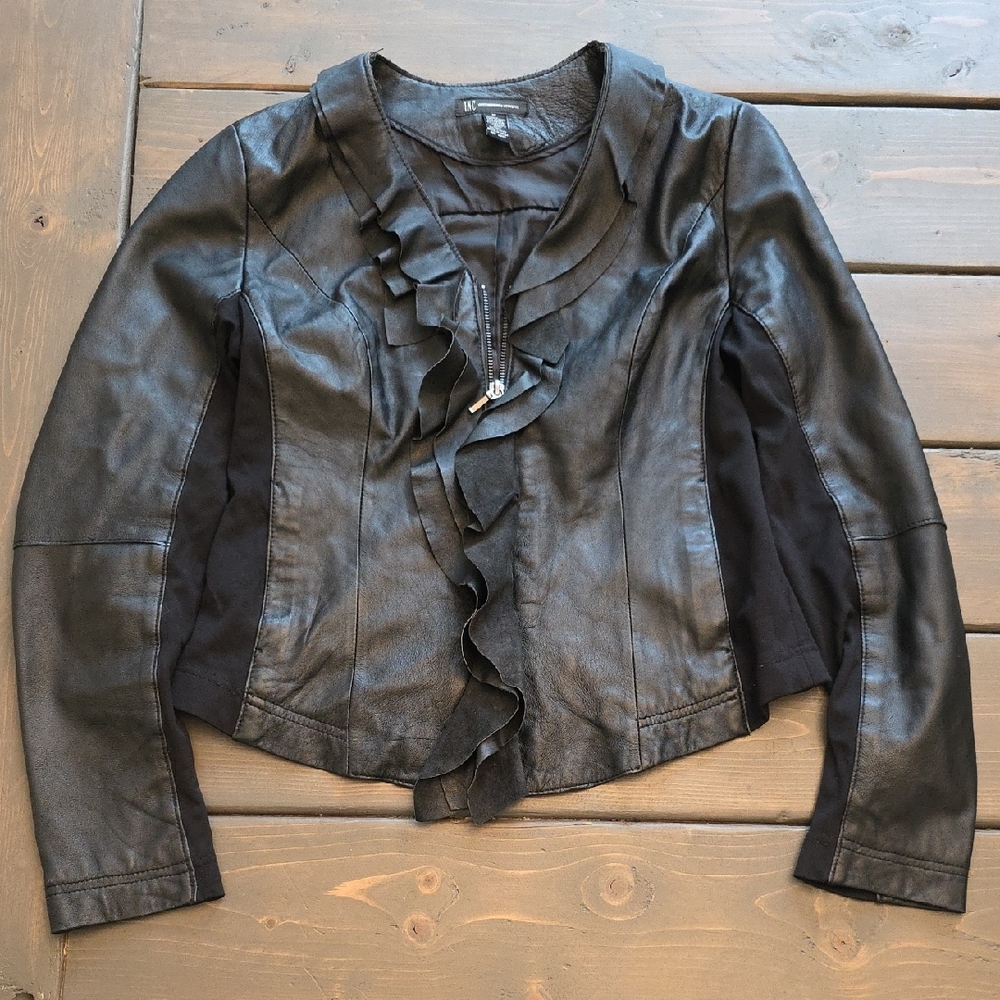 INC International Concepts Black Ruffle Leather Jacket